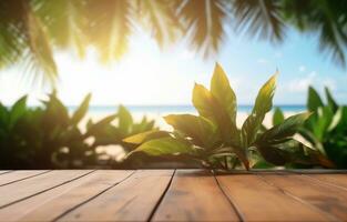 en bois table avec tropical feuilles et flou Contexte de plage et Soleil lumière. prêt pour produit afficher. génératif ai photo