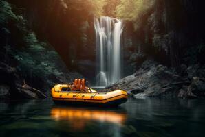 caoutchouc bateau en dessous de le doux couler de une cascade. exposition longue. génératif ai photo