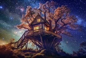 arbre maison avec une magnifique vue de le ciel à nuit. génératif ai photo