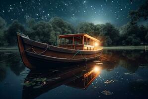 en bois bateau sur le rivière avec le beauté de le nuit ciel. ai génératif photo