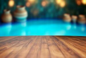 vide en bois table avec flou Contexte de nager bassin et lumière du soleil, pour podium produit afficher. génératif ai photo