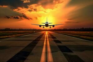 avion à le aéroport à le coucher du soleil. génératif ai photo