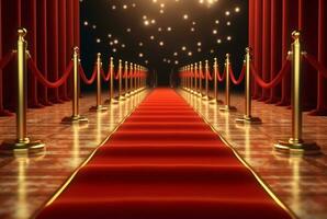 rouge tapis couloir avec barrières et rouge Cordes pour cinéma et mode prix, une la cérémonie pour célébrités personnes. génératif ai photo