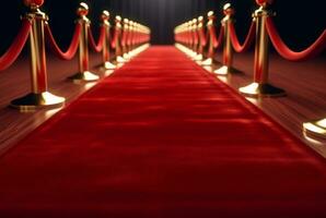 rouge tapis couloir avec barrières et rouge Cordes pour cinéma et mode prix, une la cérémonie pour célébrités personnes. génératif ai photo