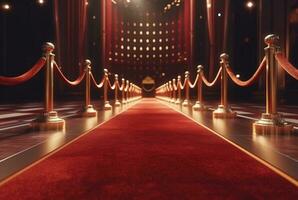 rouge tapis couloir avec barrières et rouge Cordes pour cinéma et mode prix, une la cérémonie pour célébrités personnes. génératif ai photo