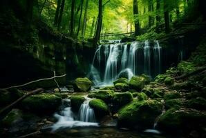 magnifique cascade dans le vert forêt. génératif ai photo