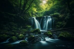 magnifique cascade dans le vert forêt. génératif ai photo