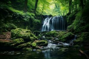 magnifique cascade dans le vert forêt. génératif ai photo