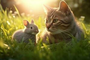 mignonne chat avec mignonne lapin en jouant sur le vert herbe de le jardin avec flou Contexte et lumière du soleil. génératif ai photo