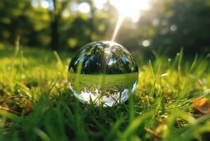 le verre Balle sur le vert herbe réfléchi la nature paysage. génératif ai photo