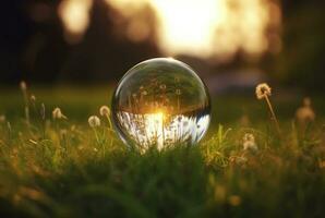 le verre Balle sur le vert herbe réfléchi la nature paysage. génératif ai photo