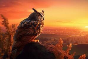 hibou sur le colline avec le beauté de le le coucher du soleil dans le après-midi. génératif ai photo