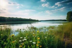 magnifique Lac vue avec fleurs et vert herbe. génératif ai photo