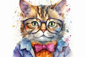 mignonne chat portant lunettes. aquarelle effet. génératif ai photo