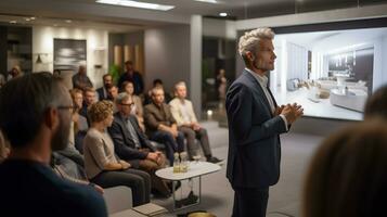 mature homme d'affaire donnant discours dans de face de une groupe de gens dans une conférence salle photo