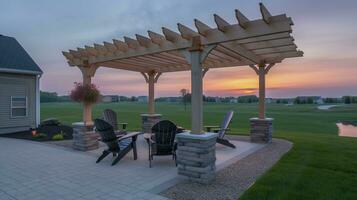 relaxant battre en retraite confortable arrière-cour avec Feu fosse et pergola sièges, génératif ai photo