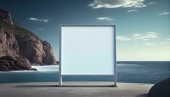 génératif ai, une Vide panneau d'affichage par le mer une captivant La publicité opportunité pour votre produit photo