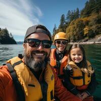 aventureux famille kayak et explorant le littoral photo