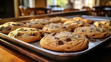 délicieux Chocolat puce biscuits Frais de le four sur une plateau photo