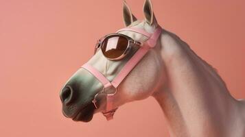 génératif ai, cool équin ambiance une cheval sportif élégant des lunettes de soleil sur une pastel Contexte photo