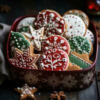 fermer de une plateau de magnifiquement décoré Noël biscuits photo