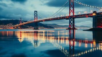 lumineux reflets la nuit lueur de une célèbre pont, génératif ai photo