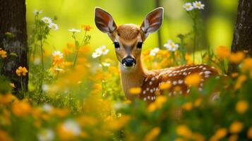 enchanté rencontre faon parmi fleurs, ai génératif photo