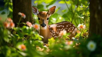 enchanté rencontre faon parmi fleurs, ai génératif photo