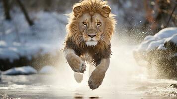 saut de majesté Lion planant plus de une flux, ai génératif photo