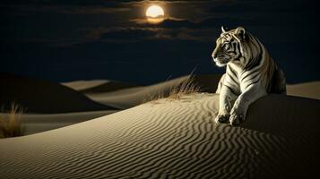 éclairé par la lune mirage éthéré tigre dans sablonneux dunes, ai génératif photo