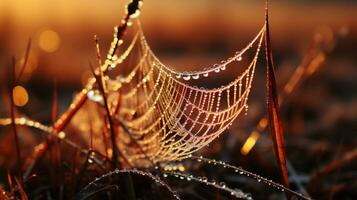 Matin rosée sur toiles d'araignée, génératif ai photo