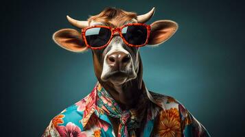 taureau dans hawaïen chemise et des lunettes de soleil, ai génératif photo