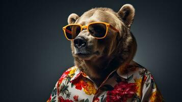 ours demi-corps tirer avec hawaïen chemise et des lunettes de soleil, ai génératif photo