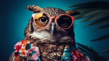 moderne hibou mode pose, hawaïen chemise et des lunettes de soleil, ai génératif photo