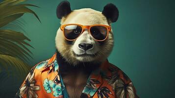 Panda dans hawaïen chemise et des lunettes de soleil moitié corps séance photo, ai génératif photo