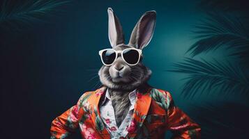 trippant lapin mode demi-corps hawaïen chemise et des lunettes de soleil, ai génératif photo