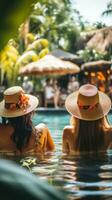 femmes en riant et se prélasser dans une bassin avec tropical les boissons photo