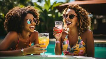 femmes en riant et se prélasser dans une bassin avec tropical les boissons photo