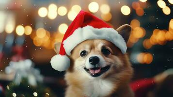 mignonne chiot dans Père Noël chapeau et flou pour Noël sur Contexte photo