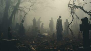 groupe de gens permanent dans le milieu de une forêt. génératif ai photo