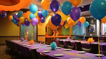 de fête pièce décoré avec coloré des ballons sur les tables. génératif ai photo