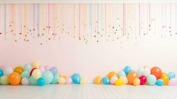 pièce rempli avec des ballons et banderoles de confettis. génératif ai photo