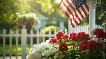 une blanc piquet clôture avec fleurs et un américain drapeau. génératif ai photo