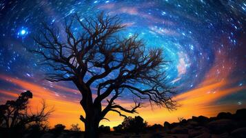 magnifique arbre en dessous de une étoile rempli ciel. génératif ai photo
