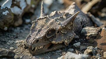 tricératops crâne fossile dans rock. génératif ai photo