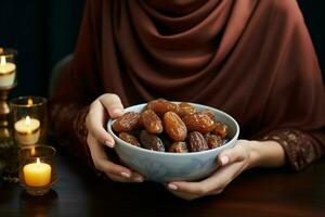 une musulman femme gracieusement détient une bol de Rendez-vous, rupture sa vite traditionnellement ai généré photo