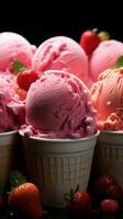 baie félicité délicieux assortiment de fraise la glace crème boules promesses sucré la satisfaction verticale mobile fond d'écran ai généré photo