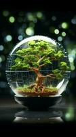 la nature embrasse globe arbre sur cristal, technologie convergence réseau toile de fond points forts vert innovation verticale mobile fond d'écran ai généré photo
