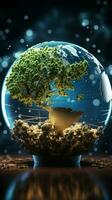 Terre enraciné croissance arbre sur globe, bleu abstrait toile de fond incorporant éco conscient technologie synergie verticale mobile fond d'écran ai généré photo