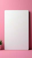 minimaliste la grâce Vide blanc carte sur pastel rose, en attente votre sincère mots. verticale mobile fond d'écran ai généré photo